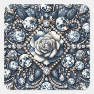 Sticker Carré Fête d'anniversaire Rose Glam Bling Denim & Diamon