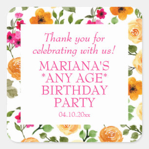 Sticker Carré Fête d'anniversaire rose simple Fleur Favoriser