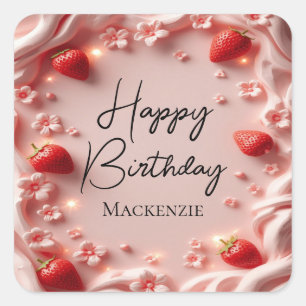 Sticker Carré Fête d'anniversaire Strawberry Berry First Happy