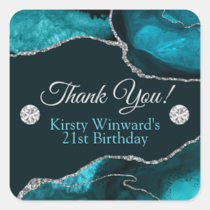 Sticker Carré Fête d'anniversaire Teal et paillettes d'argent Ag