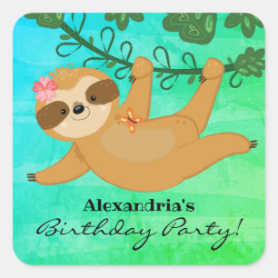 Sticker Carré Fête d'anniversaire tropicale de fille paresseux