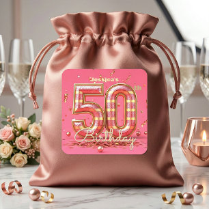 Sticker Carré Fête de 50e anniversaire rose et or pailletée Glam