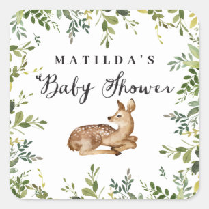 Sticker Carré Fête de baby shower de cerfs à fleurs d'aquarelle
