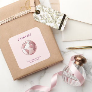 Sticker Carré Fête de bébé voyage Passeport Globe Rose
