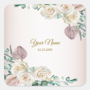 Sticker Carré Fête de mariage rose poudrée aquarelle dorée