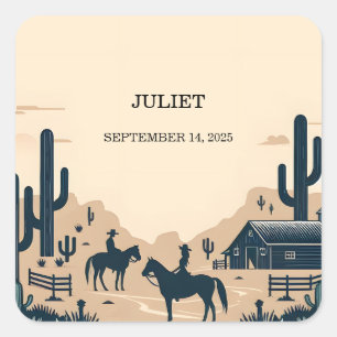 Sticker Carré Fête de Mariage Western Rétro Rodéo Cheval Rustiqu