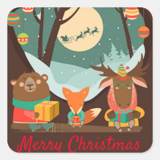 Sticker Carré Fête de Noël Animaux forestiers mignons