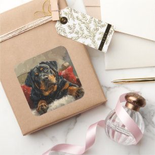 Sticker Carré Fête de Noël de chien Rottweiler