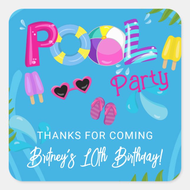 Sticker Carré Fête de piscine Fille d'été Fête d'anniversaire Fa (Devant)