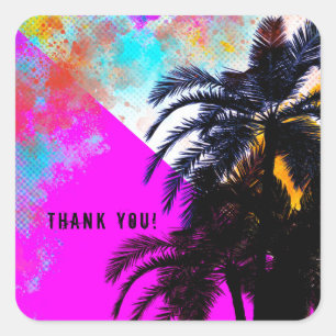 Sticker Carré Fête de plage colorée rétro estivale avec palmiers