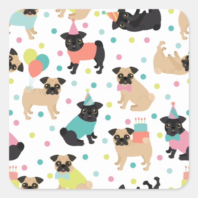 Sticker Carré Fête de Pug Birthday (Devant)