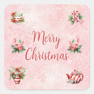 Sticker Carré Fête de thé de Noël Peppermenthe Pink Snowflake