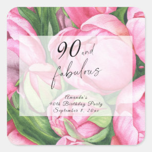 Sticker Carré Fête des 90 ans Pivoines Roses 