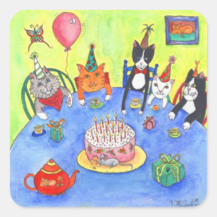 Sticker Carré Fête des chats ! Chats-chats d'anniversaire amusan