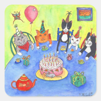 Sticker Carré Fête des chats ! Chats-chats d'anniversaire amusan