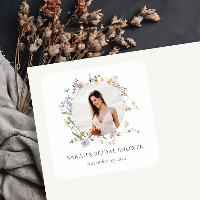 Sticker Carré Fête des mariées photo Rustic Meadow Floral Wreath (Créateur téléchargé)