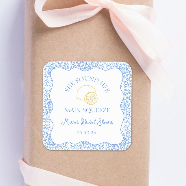 Sticker Carré Fête des mariées principale Squeeze Citron bleu Fa (Custom 'She Found Her Main Squeeze' stickers, perfect for adding a fun touch to bridal shower favors)