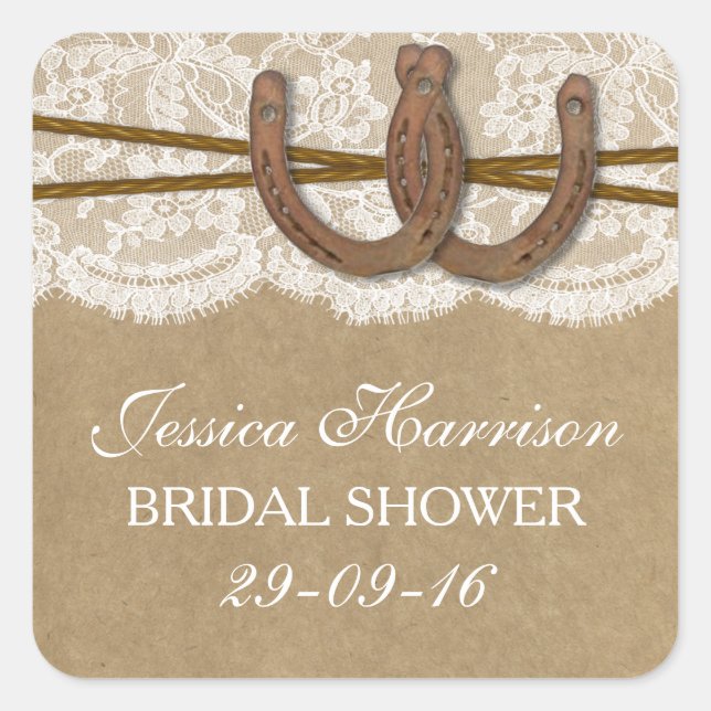Sticker Carré Fête des mariées Rustic Kraft & Lace Horseshoe (Devant)