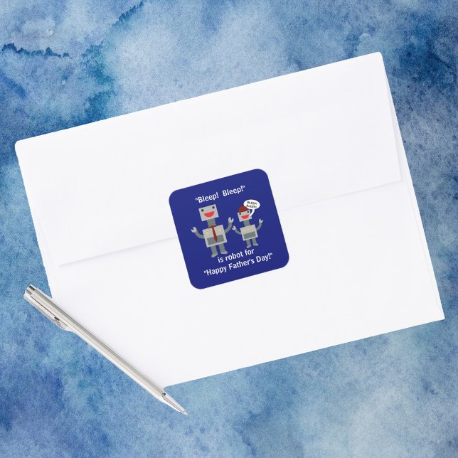 Sticker Carré Fête des pères de Son Robot Funny (A Father's Day sticker with a dad robot and a son robot.)