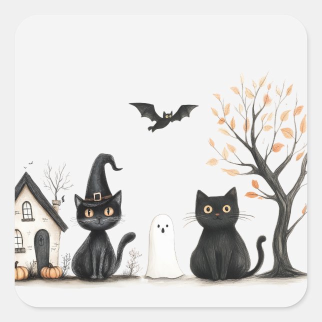 Sticker Carré Fête d'Halloween aux chats noirs mignons (Devant)