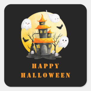 Sticker Carré Fête d'Halloween avec Maison hantée et Fantômes