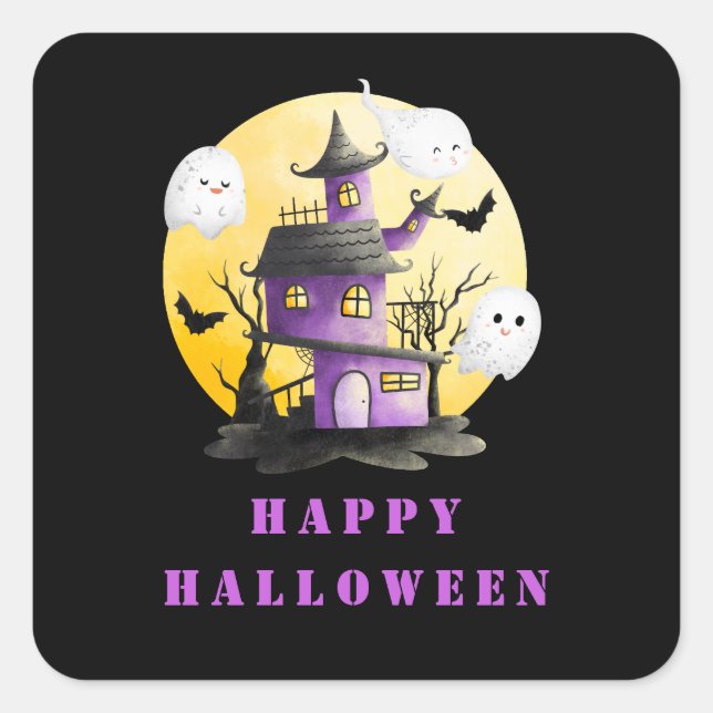 Sticker Carré Fête d'Halloween avec Maison hantée et Fantômes (Devant)