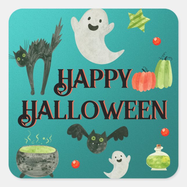 Sticker Carré Fête d'Halloween Turquoise et vert (Devant)