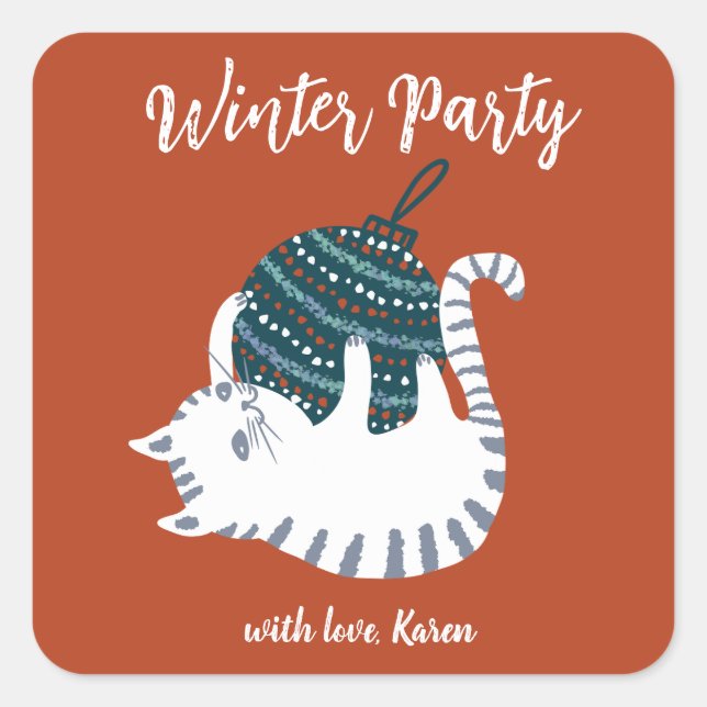 Sticker Carré Fête d'hiver Jouet de Noël Cadeau de chat (Devant)
