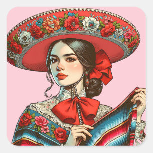 Sticker Carré Fête Fiesta Mujer Mariachi Party Favoriser