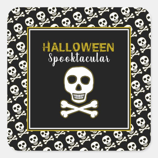 Sticker Carré Fête Halloween Skull & Bones, Or (Devant)