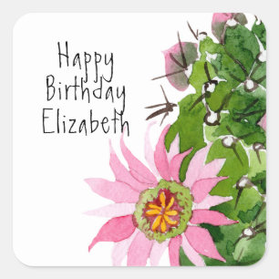 Sticker Carré Fête Personnalisée Cactus d'aquarelle