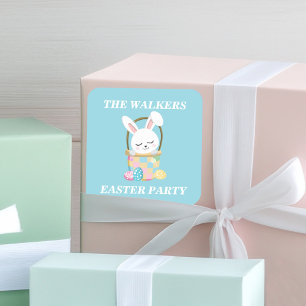 Sticker Carré Fête personnalisée de Pâques lapin bleu pour bébé