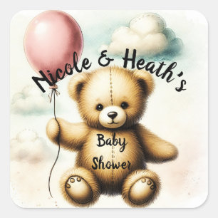 Sticker Carré Fête Prénatale Bébé Ballon Rose Ourson
