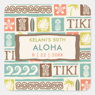 Sticker Carré Fête Rétro Tiki Tropicale Anniversaire Aloha