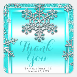 Sticker Carré Fête SWEET 16 Paillettes Turquoise Glamour Flocons