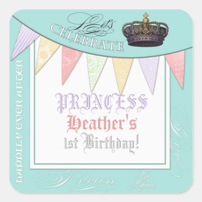 Sticker Carré Fêter Royally Princess Anniversaire Fille (Devant)