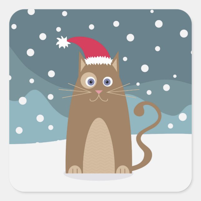 Sticker Carré Fêtes de Noël d'hiver père Noël cat (Devant)