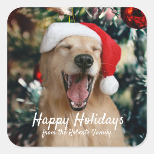 Sticker Carré Fêtes de Noël Golden Retriever Nom personnalisé