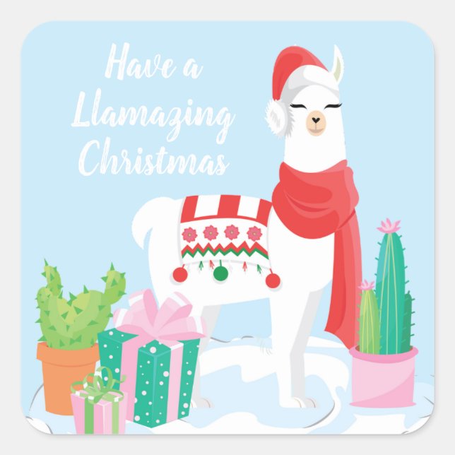 Sticker Carré Fêtez Noël | Père Noël Llama (Devant)