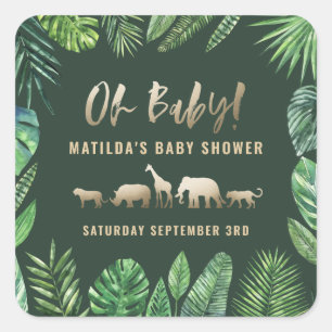 Sticker Carré Feuillage tropical + animaux d'or baby shower