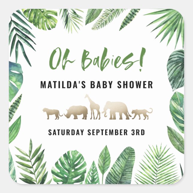 Sticker Carré Feuillage tropical + animaux d'or baby shower (Devant)