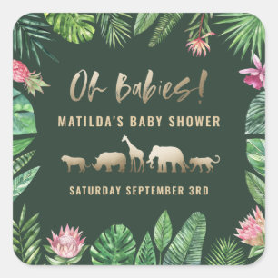 Sticker Carré Feuillage tropical + animaux d'or baby shower