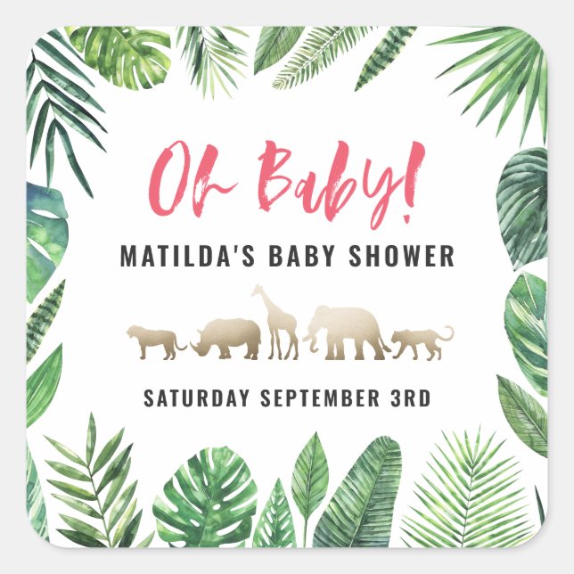 Sticker Carré Feuillage tropical + animaux d'or baby shower (Devant)