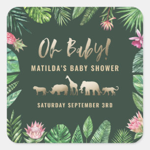 Sticker Carré Feuillage tropical + animaux d'or baby shower