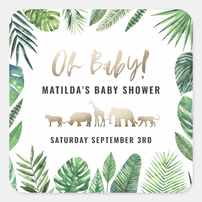Sticker Carré Feuillage tropical + animaux d'or baby shower (Devant)