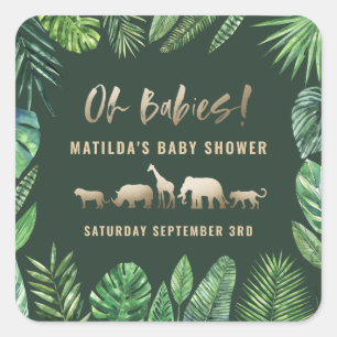 Sticker Carré Feuillage tropical + animaux d'or baby shower
