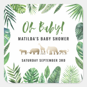 Sticker Carré Feuillage tropical + animaux d'or baby shower