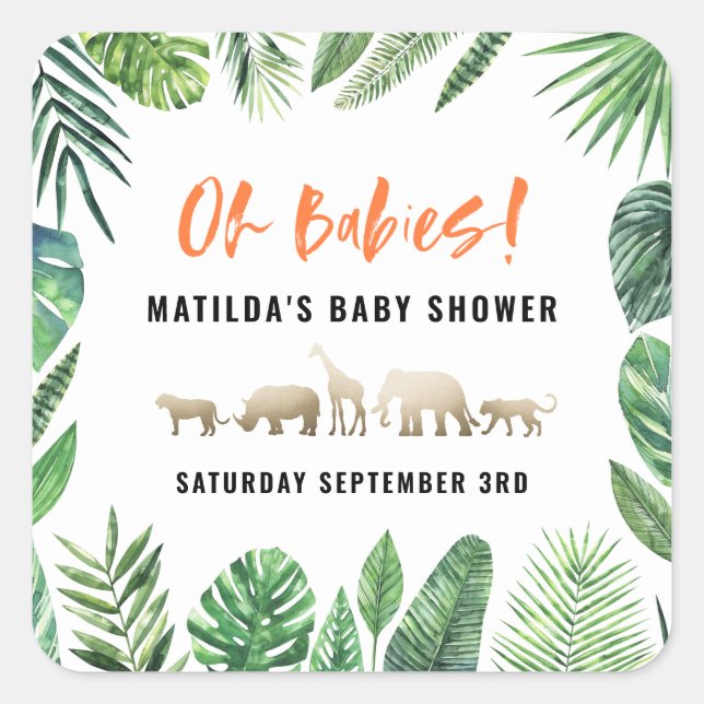 Sticker Carré Feuillage tropical + animaux d'or baby shower (Devant)