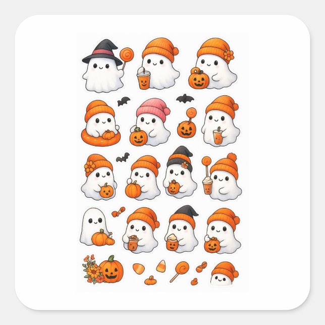 Sticker Carré Feuille d'autocollants Cute Kawaii Ghost Halloween (Devant)