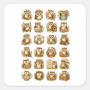 Sticker Carré Feuille d'autocollants de chouette kawaii mignonne